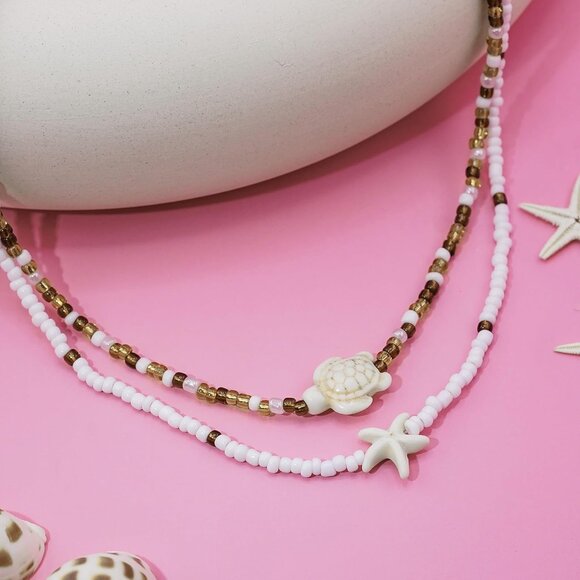 Bohemian Beaded Necklace for Women Layered Choker with Turtle Starfish Charm - Picture 4 of 6